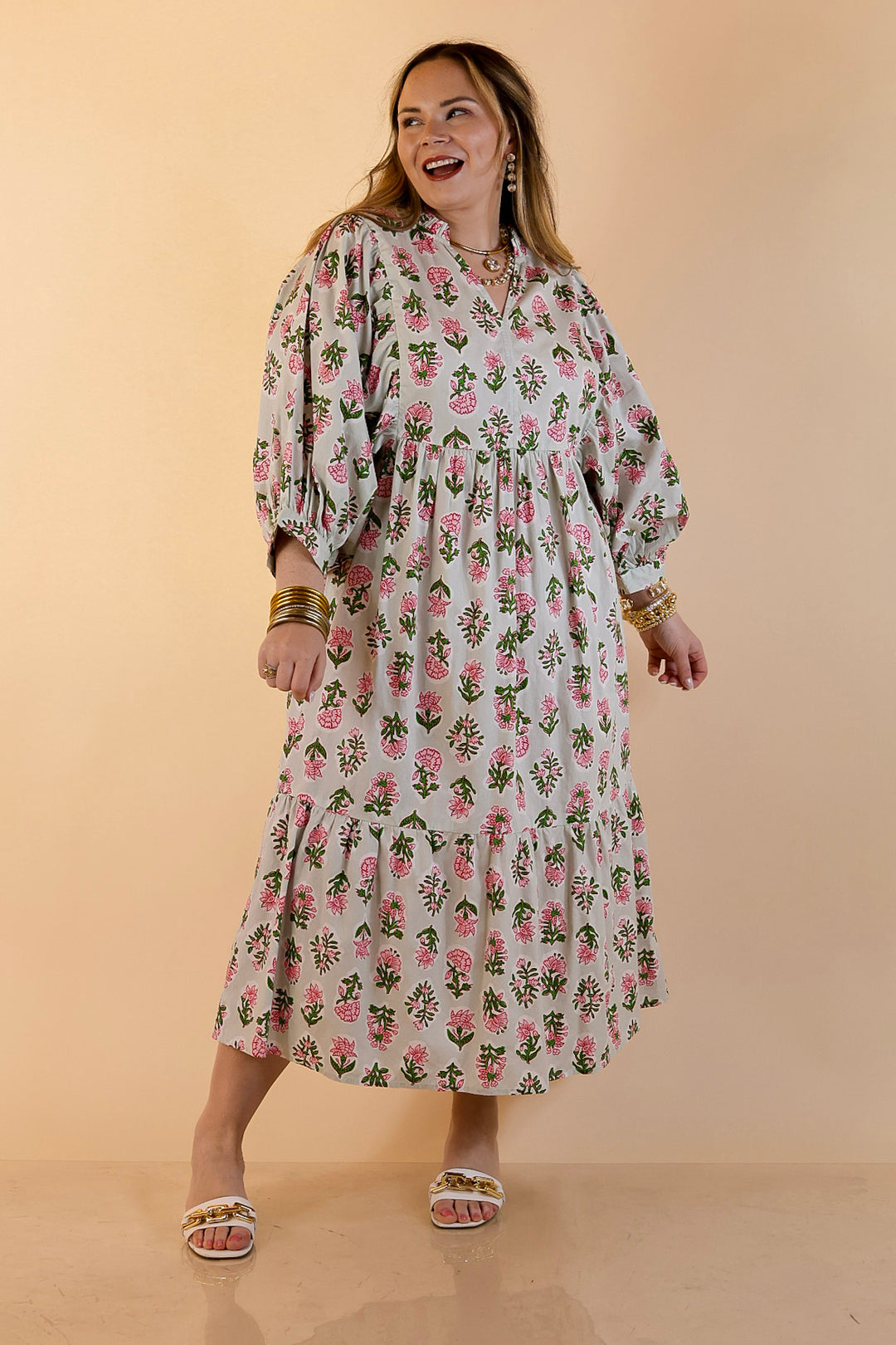 Mud Pie | Lovely Impression Cotton Poplin Floral Midi Dress with Ruffle Collar and Puff Sleeves in Sage Multi