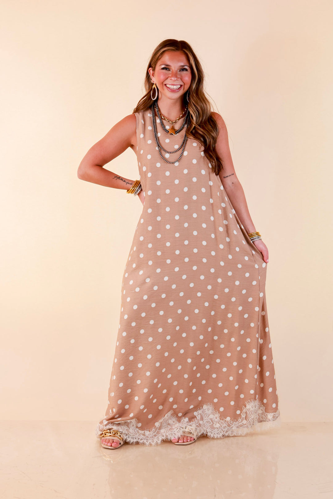 Sweet Little Something Polka Dot Sleeveless Maxi Dress with Lace Trim in Tan
