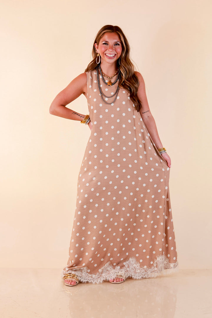 Sweet Little Something Polka Dot Sleeveless Maxi Dress with Lace Trim in Tan
