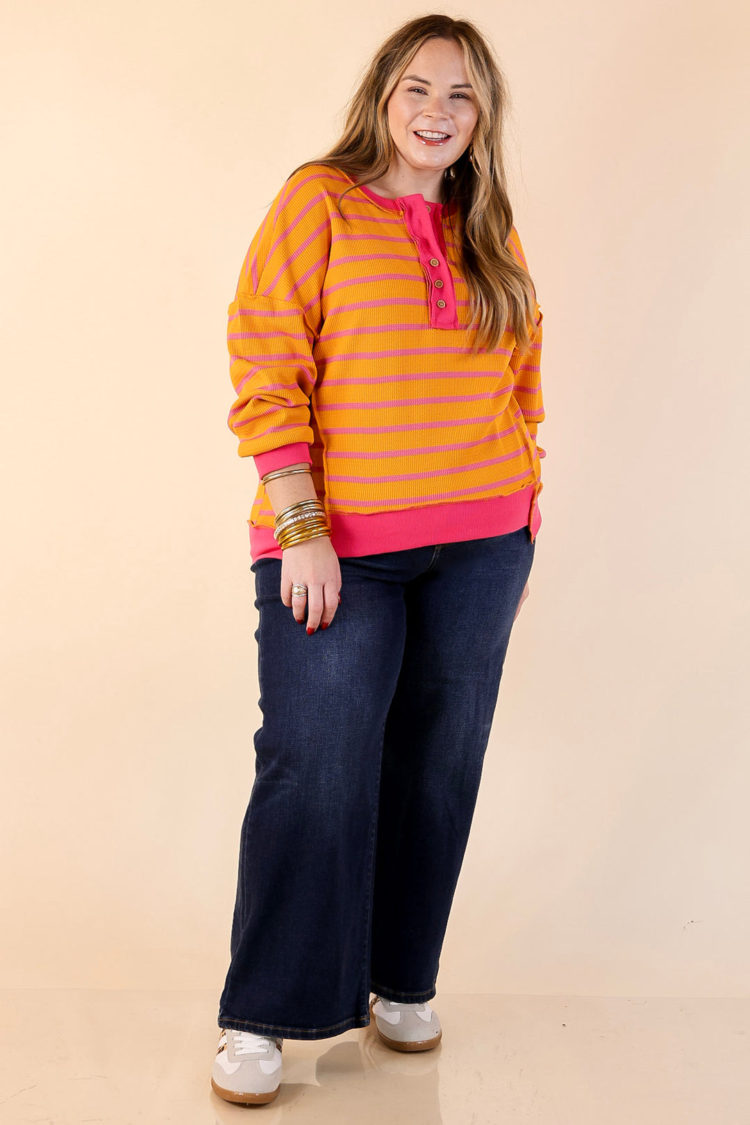 Casual Edge Long Sleeve Striped Henley Knit Top with Dropped Shoulders in Orange with Pink Stripes