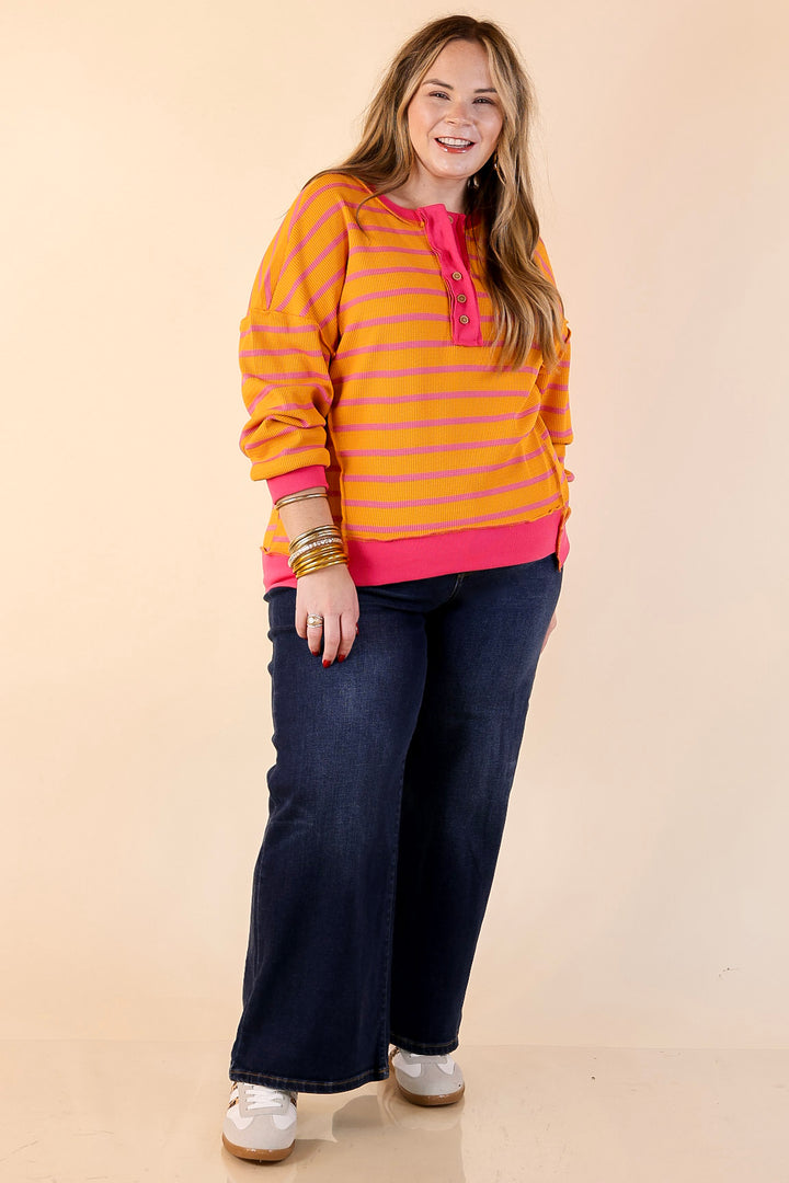 Casual Edge Long Sleeve Striped Henley Knit Top with Dropped Shoulders in Orange with Pink Stripes