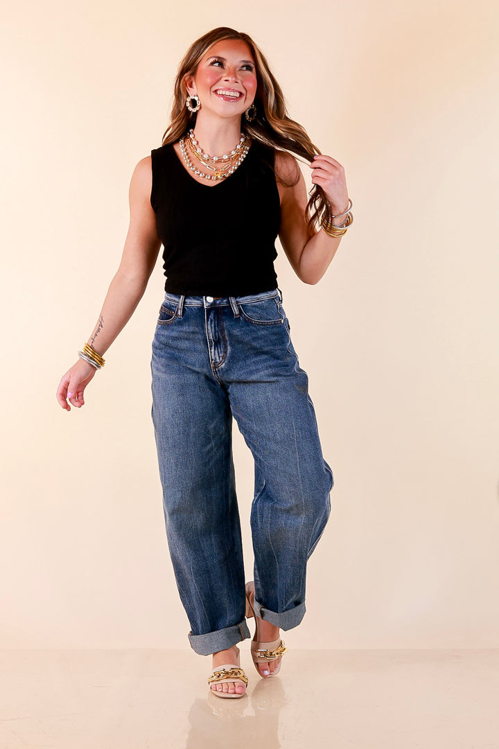 Simply Essential Sleeveless Ribbed Knit V Neck Tank Top in Black