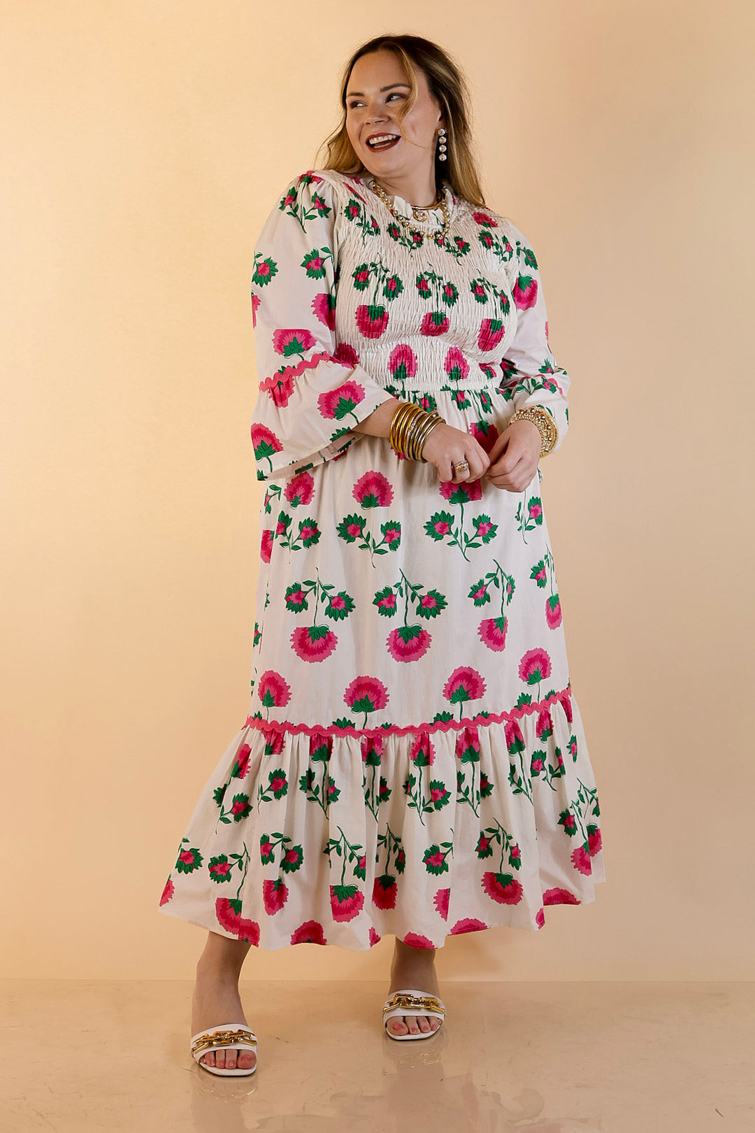 Mud Pie | Petal Parade Smocked Floral Print Tiered Midi Dress with Scallop Trim in Cream Multi