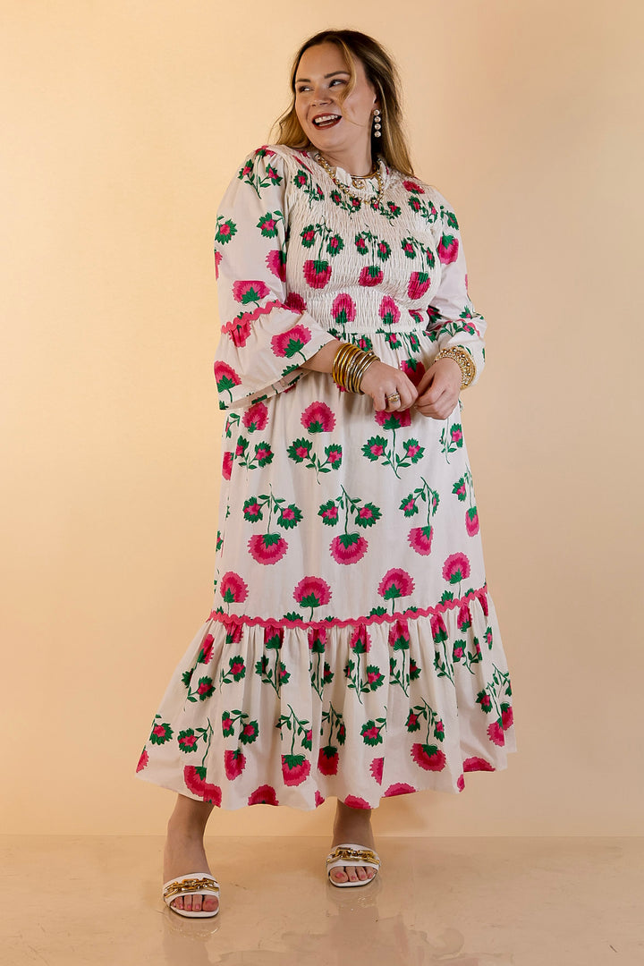 Mud Pie | Petal Parade Smocked Floral Print Tiered Midi Dress with Scallop Trim in Cream Multi