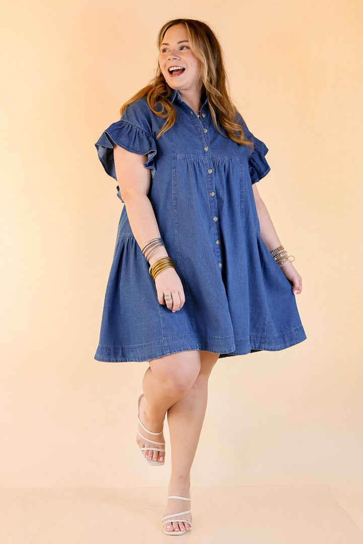 Denim Darling A-Line Button-Up Dress With Ruffle Sleeves and Collar in Classic Blue