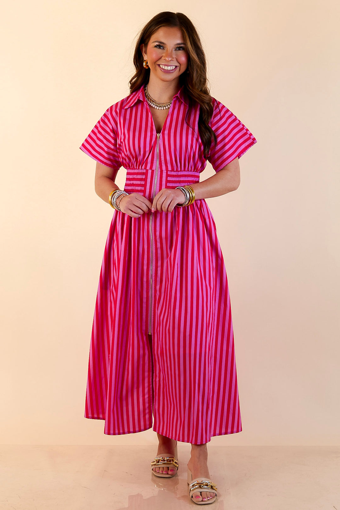 pink and red striped dress Zip Front Midi Stripe Dress Smocked Waist Short Sleeves in Red & Pink – Giddy Up Glamour Boutique