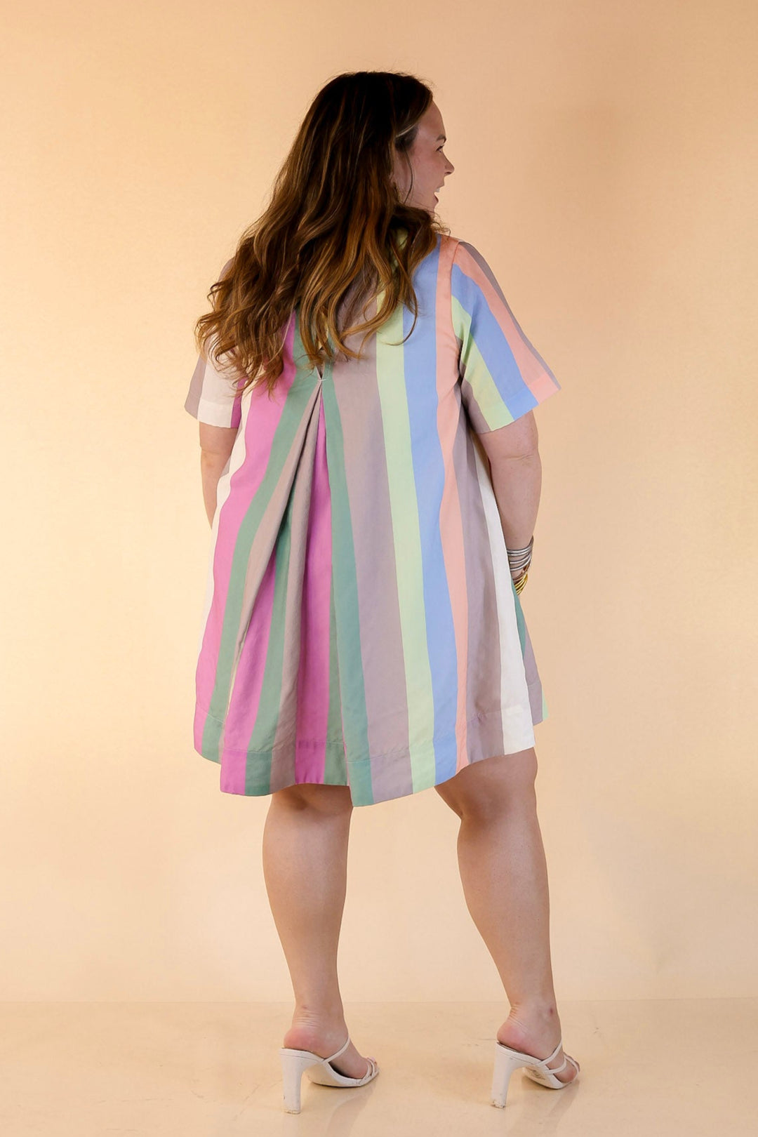 multi color pastel dress Flowy Rainbow Striped V Neck Maxi Boho Style Dress - Multicolor