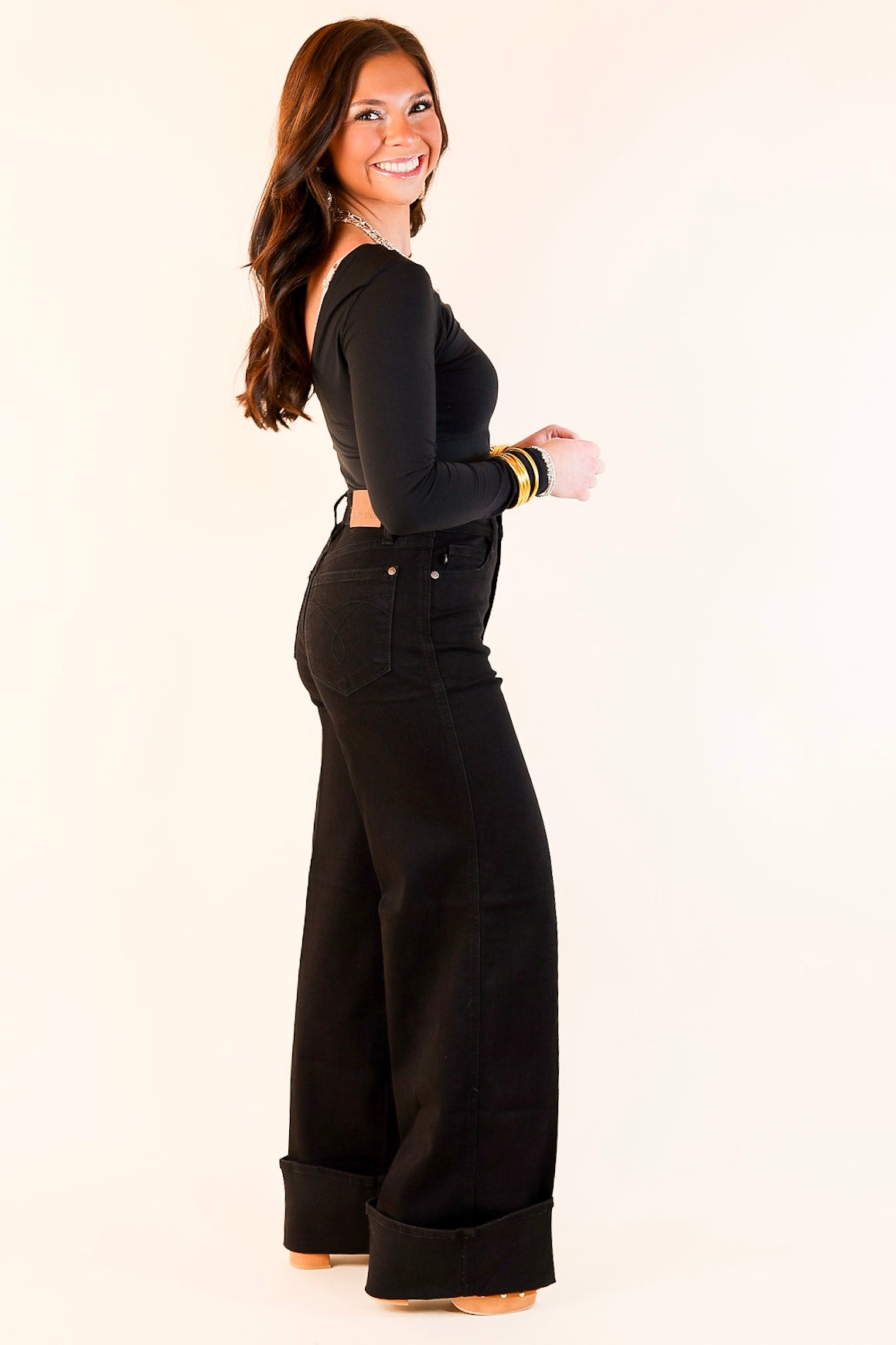 Judy Blue | Retro Roll-Up High Waisted Wide Leg Jean with a Cuff in Black