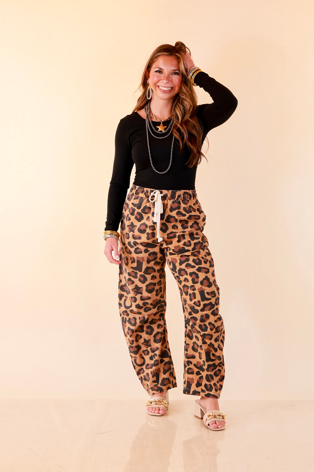 Modern Drama Leopard Print Wide Leg Barrel Jeans with Elastic Drawstring Waist in Camel Brown
