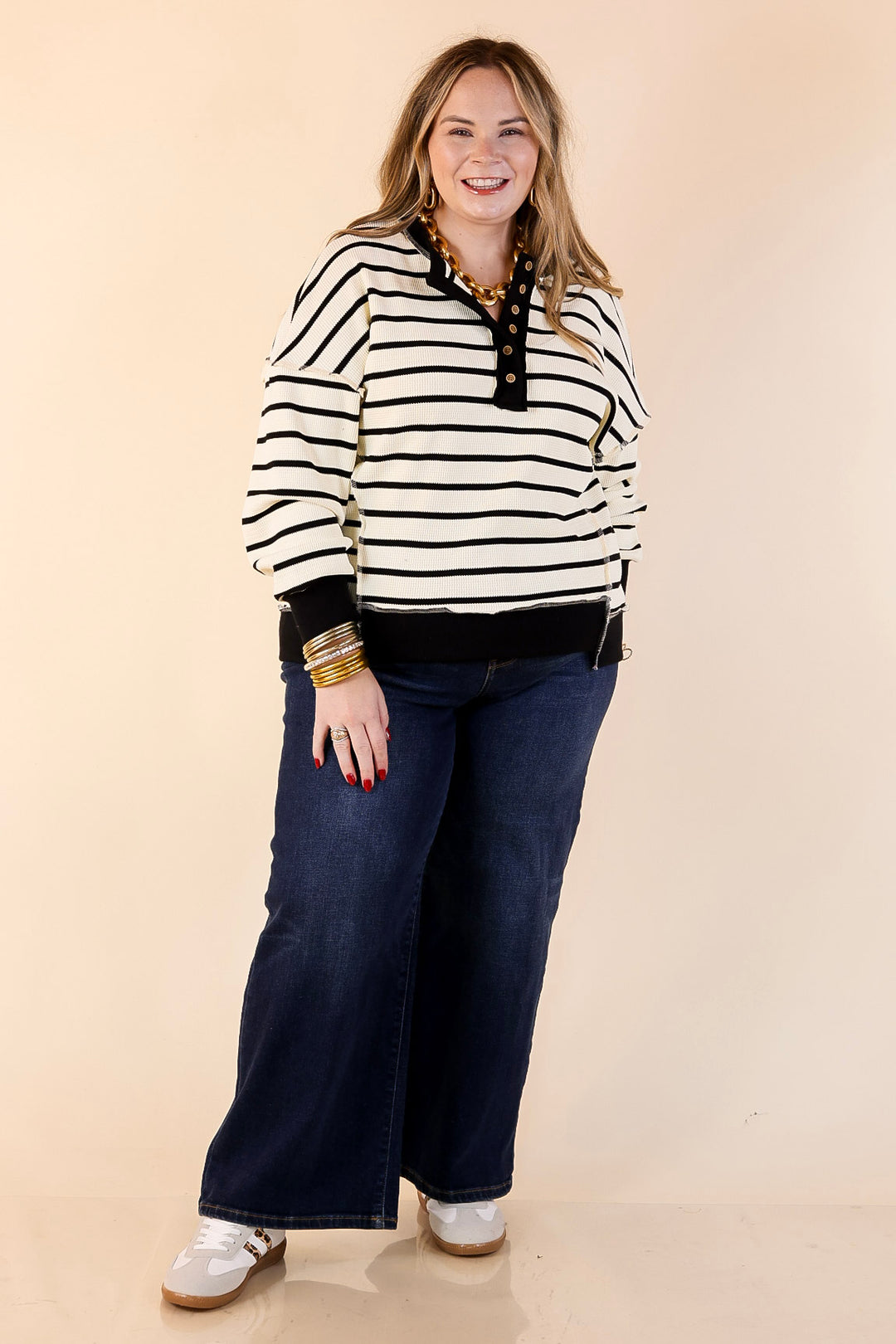 Casual Edge Long Sleeve Striped Henley Knit Top with Dropped Shoulders in Ivory with Black Stripes