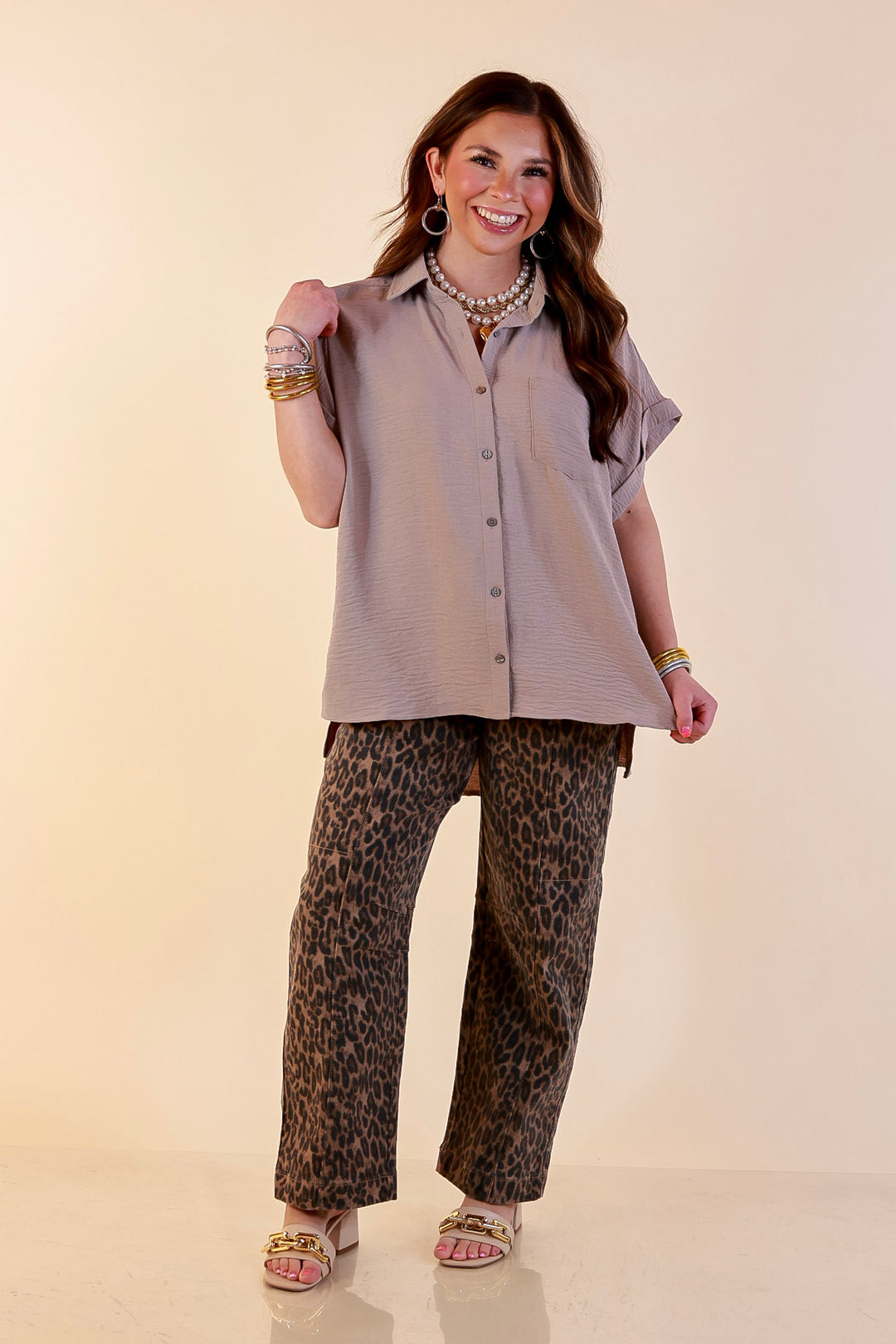 Timeless Appeal Woven Airflow Button Front Top with Rolled Cuff Short Sleeves and Front Pocket in Light Mocha Brown