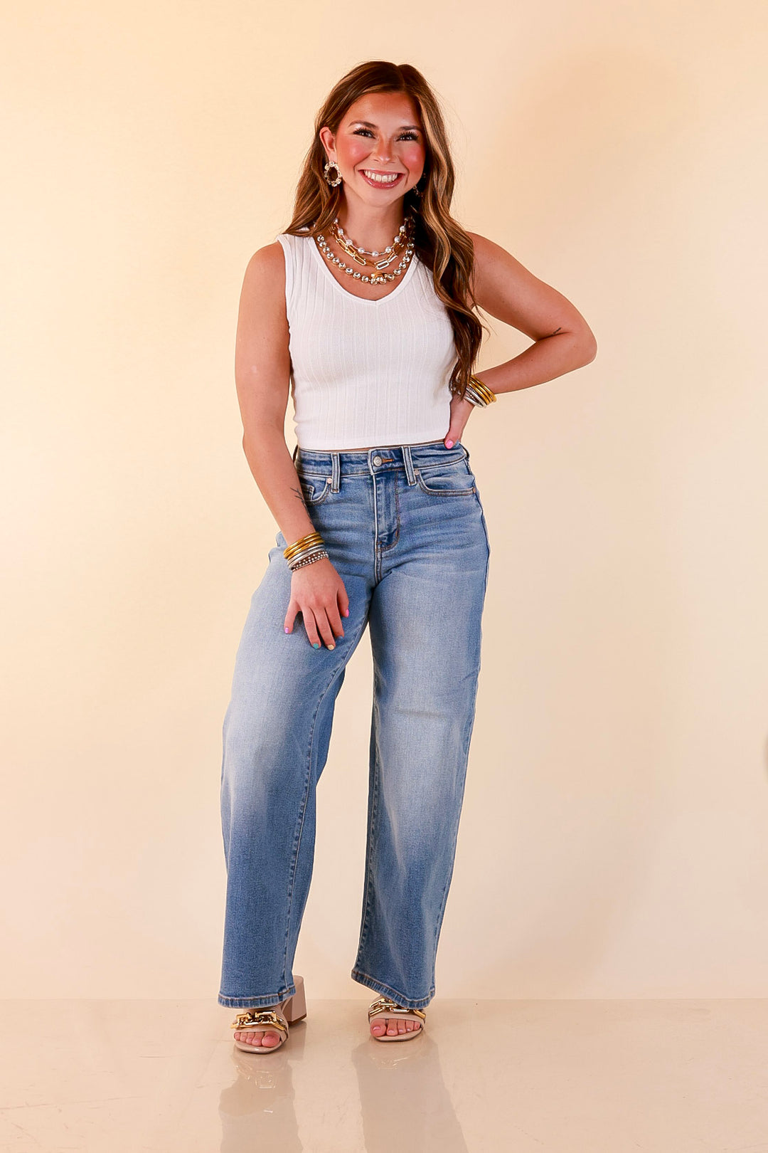Simply Essential Sleeveless Ribbed Knit V Neck Tank Top in White