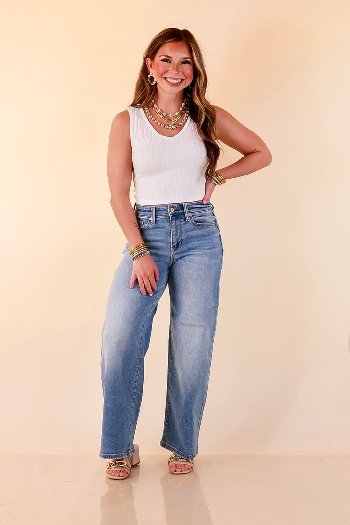Simply Essential Sleeveless Ribbed Knit V Neck Tank Top in White