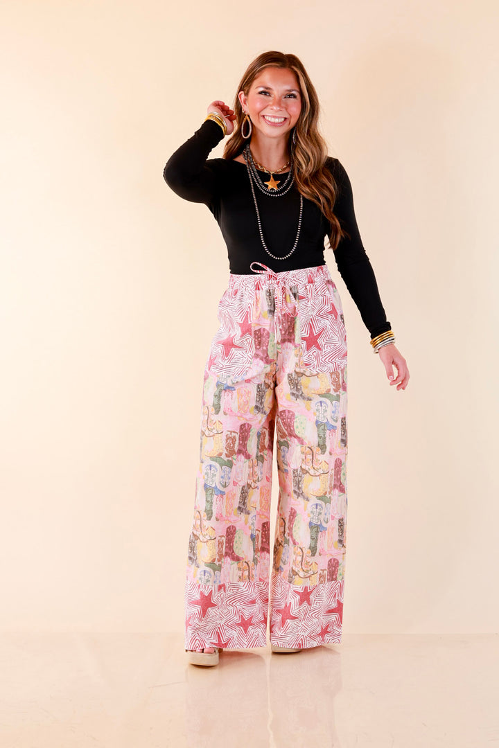 Pairs Well with Others Boots and Stars Mixed Print Drawstring Pants with Elastic Waistband in Red Mix