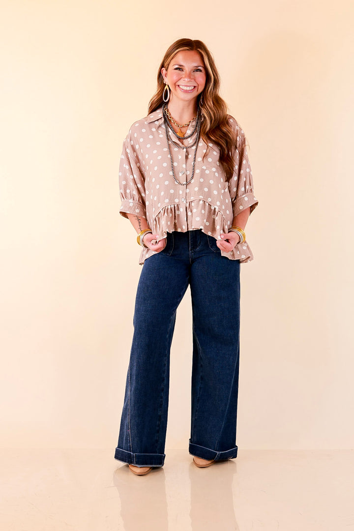 Style Agenda Button Down Peplum Top with Polka Dot Print in Taupe and White