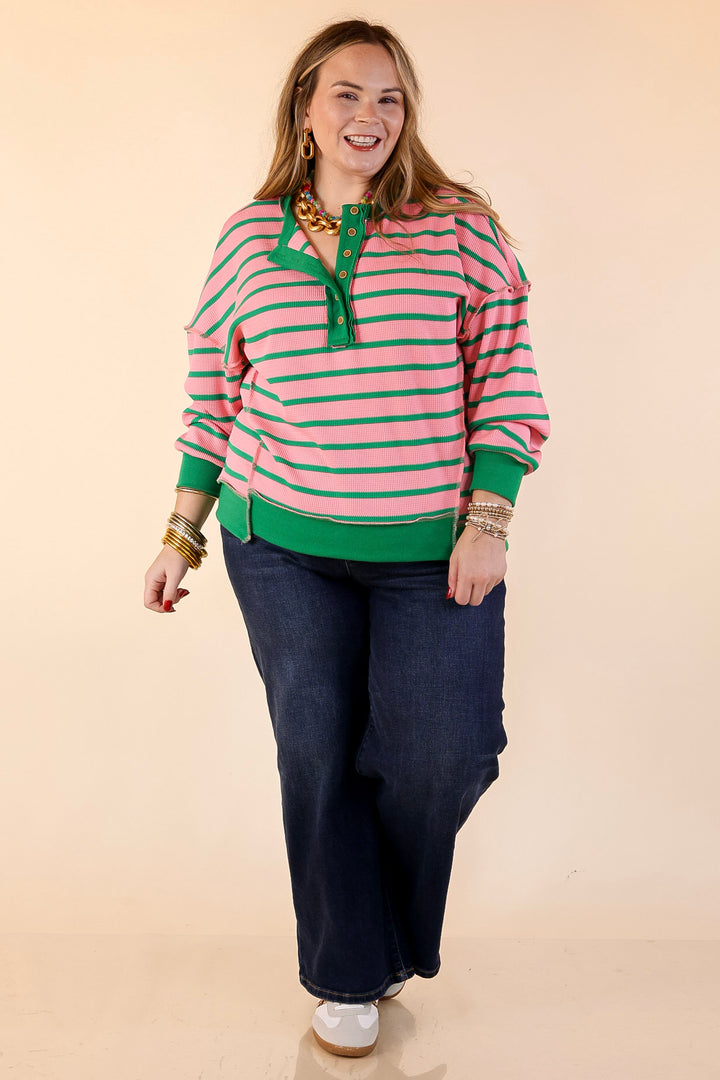 Casual Edge Long Sleeve Striped Henley Knit Top with Dropped Shoulders in Pink with Green Stripes