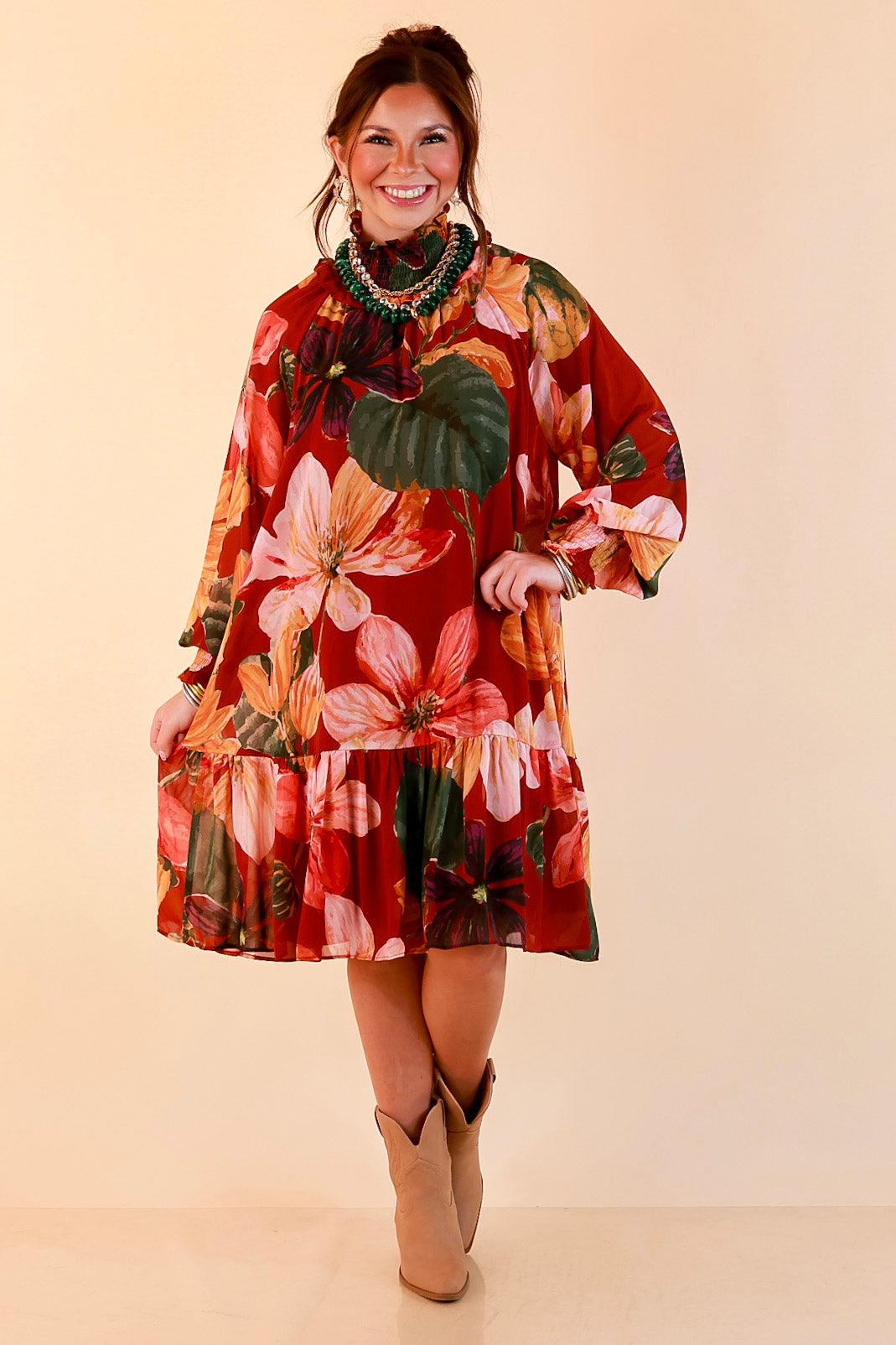 Autumn Romance Ruffle Neck Long Sleeve Floral Peplum Dress in Rust Red Multi
