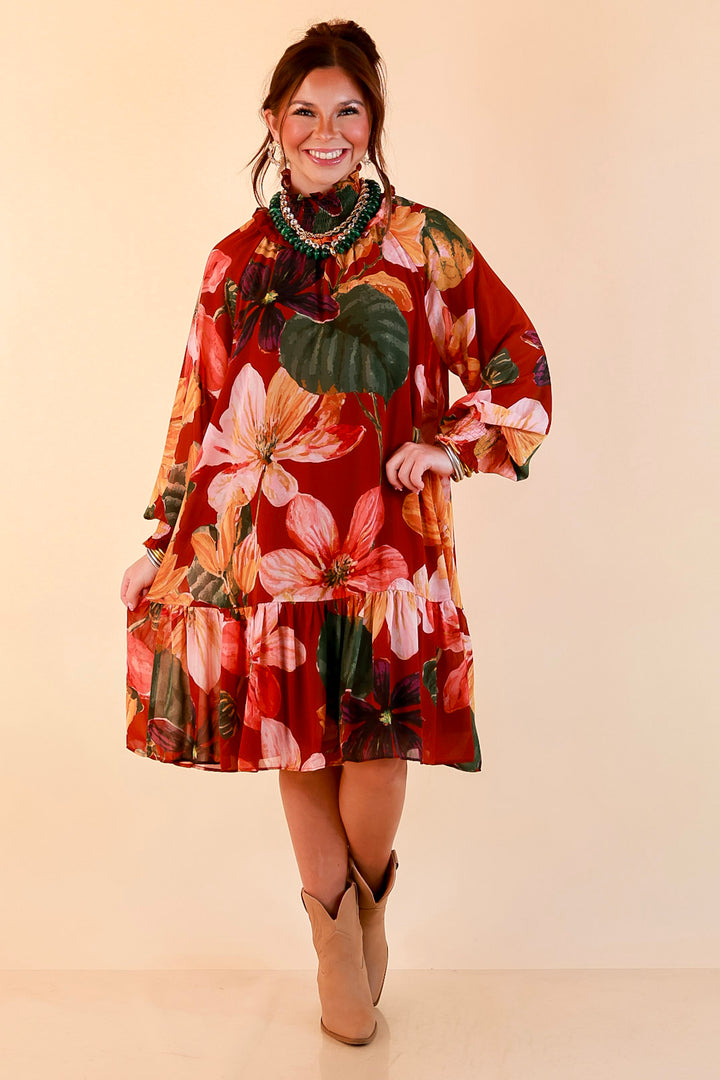Autumn Romance Ruffle Neck Long Sleeve Floral Peplum Dress in Rust Red Multi