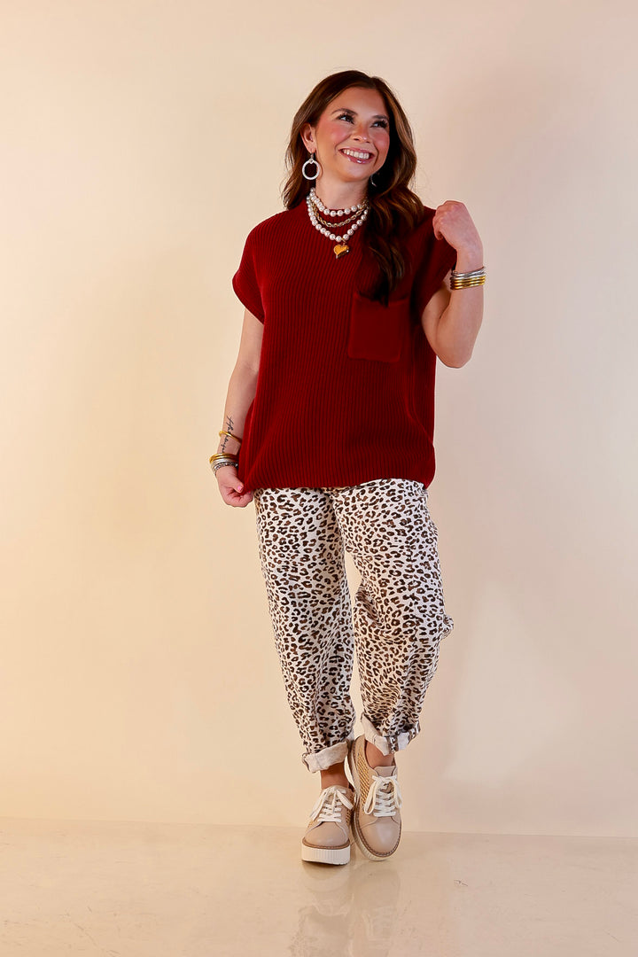 Repeat Ready Cap Sleeve Sweater with Front Pocket in Maroon