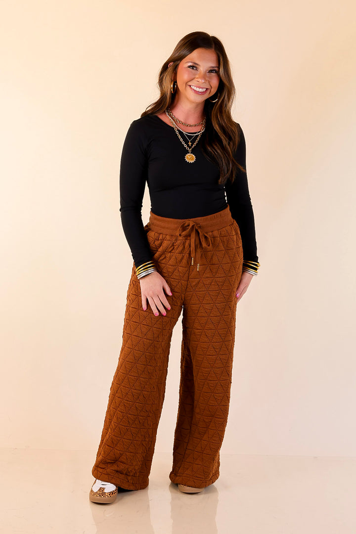 Everyday Elevated Quilted Wide Leg Drawstring Pants with Elastic Waistband in Rust Brown