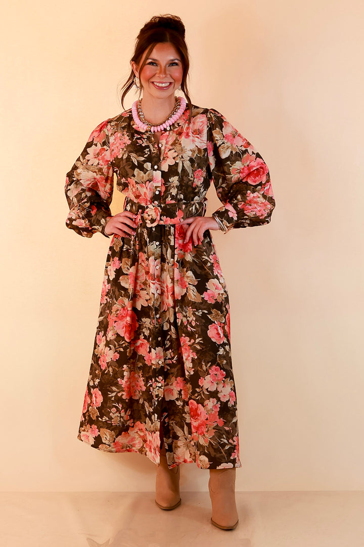 Written in the Roses Long Sleeve Floral Button Front Belted Midi Dress in Olive Green Multi