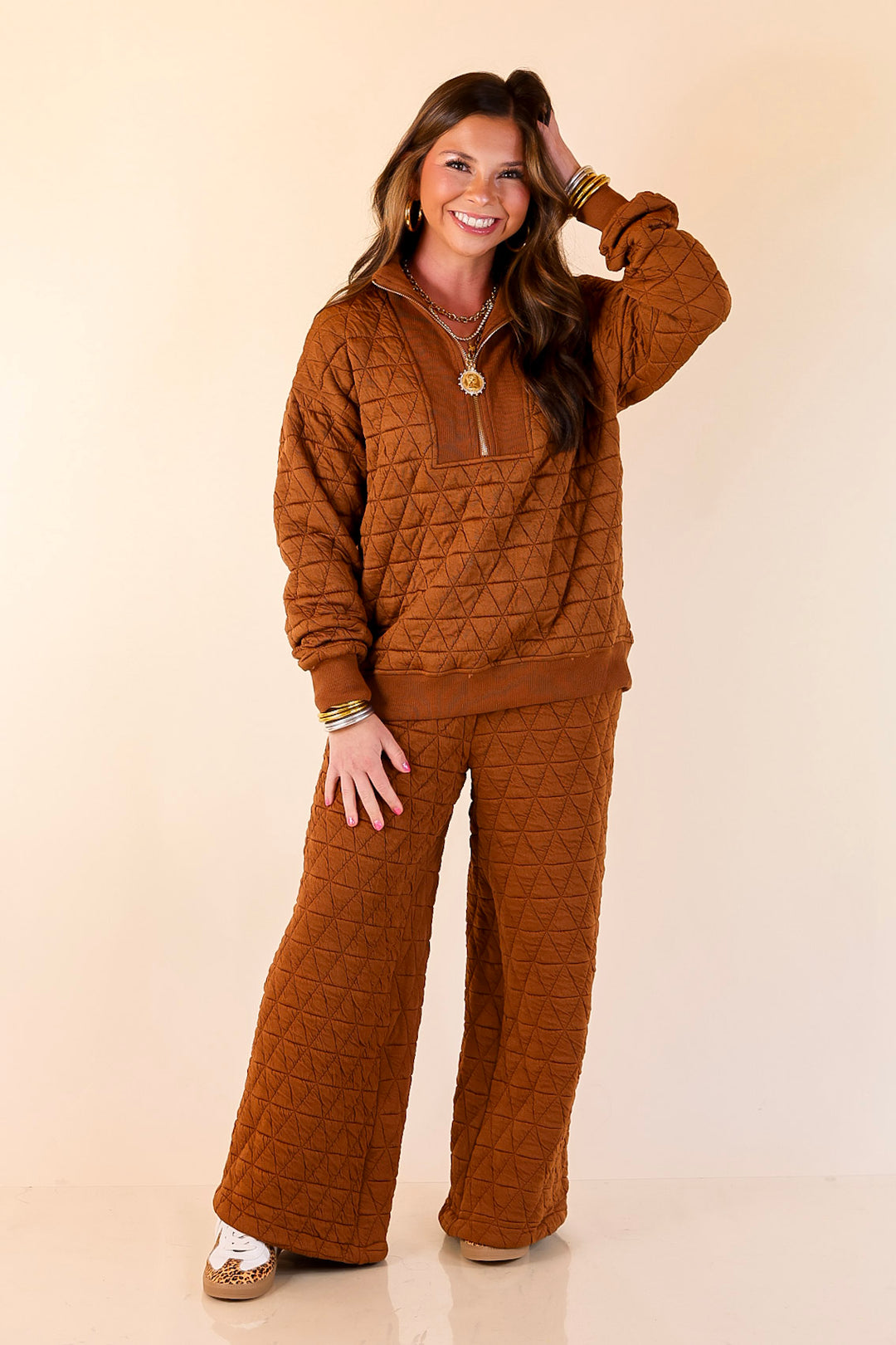 Everyday Elevated Quilted Half Zip Pullover Top in Rust Brown