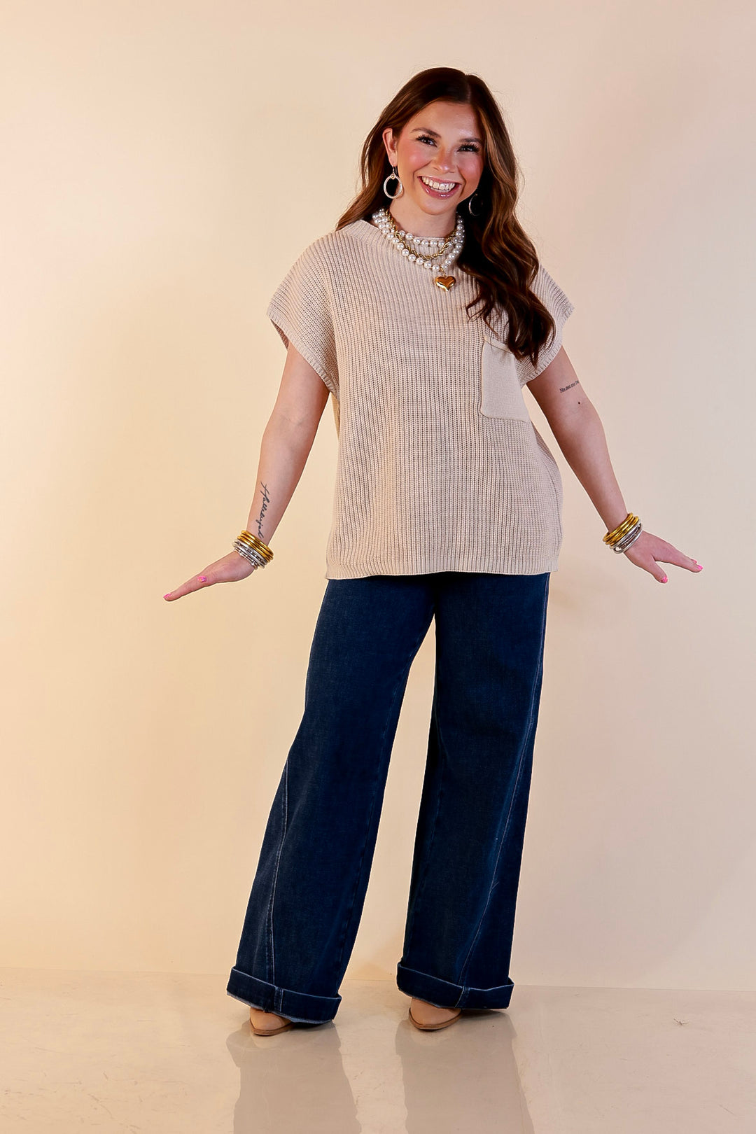 Repeat Ready Cap Sleeve Sweater with Front Pocket in Natural Beige