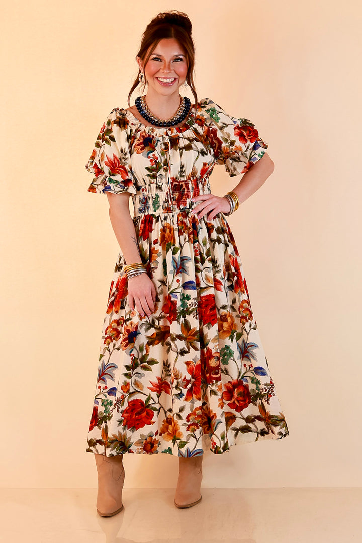 Autumn in the Air Puff Sleeve Smocked Waist Floral Print Tiered Midi Dress in Ivory Multi