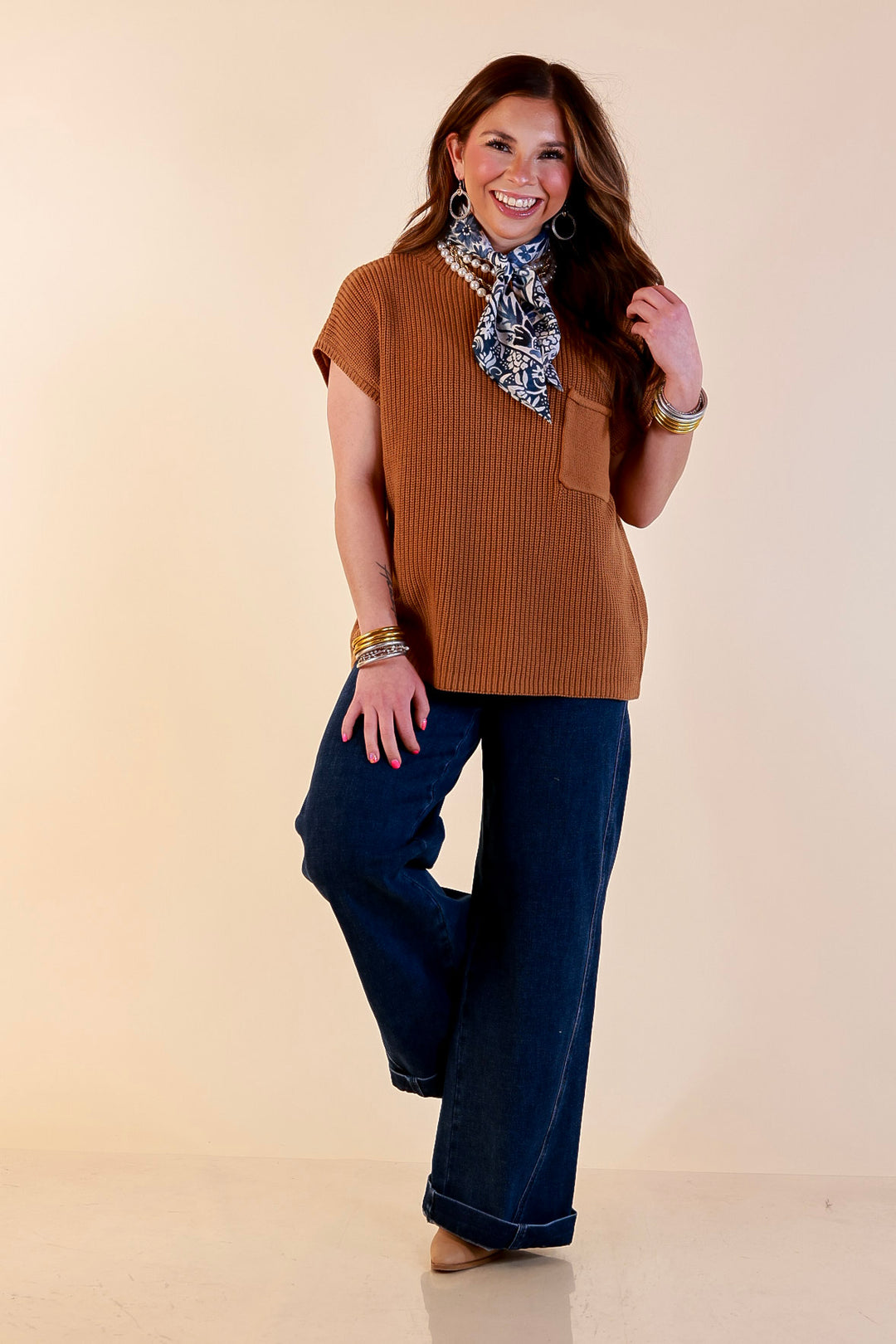 Repeat Ready Cap Sleeve Sweater with Front Pocket in Camel Brown