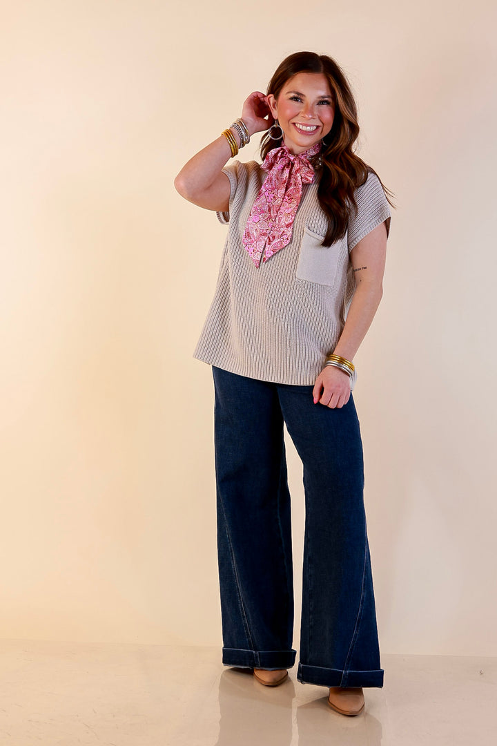 Repeat Ready Cap Sleeve Sweater with Front Pocket in Stone Beige