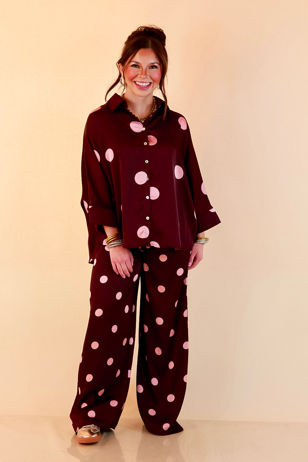 Two of a Kind Full Length Wide Leg Pull-On Drawstring Blush Pink Polka Dot Pants in Maroon