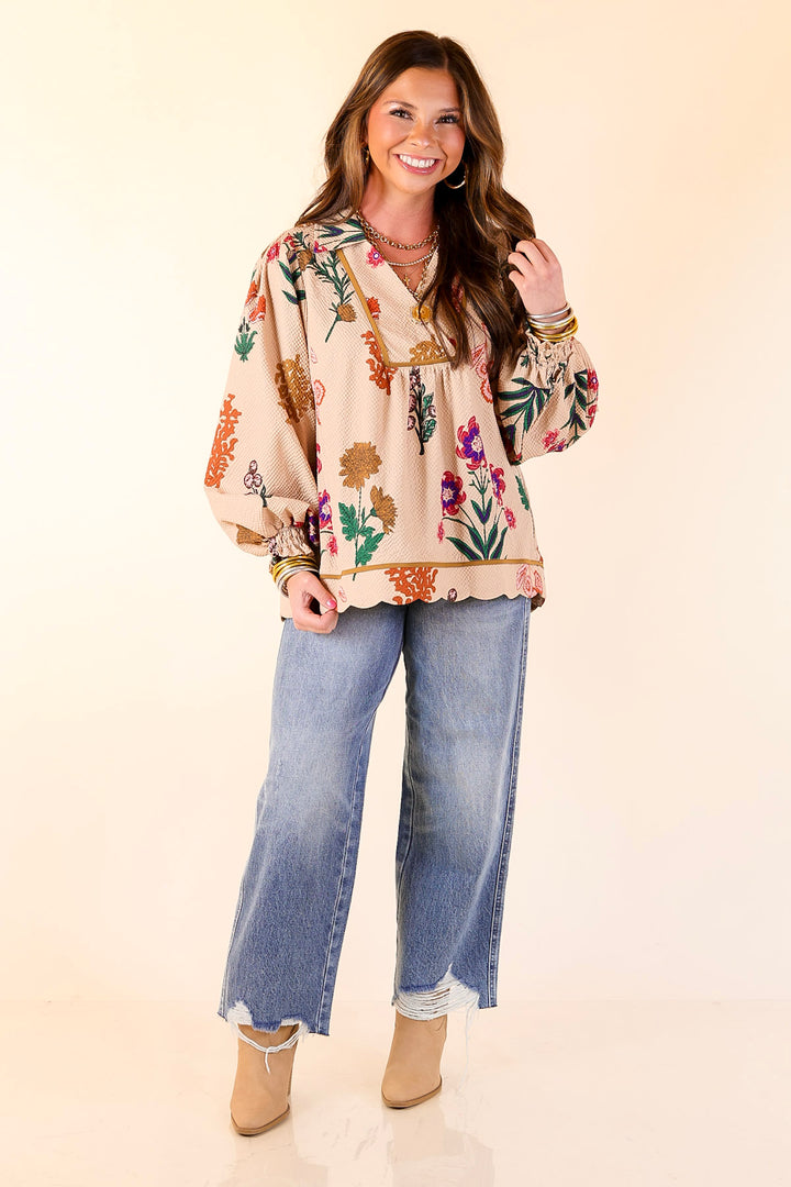 Garden Soirée Floral Print Collared Blouse with Long Balloon Sleeves in Tan