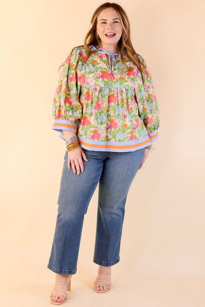 Floral Fantasy Multicolor Floral Print Top with 3/4 Sleeves