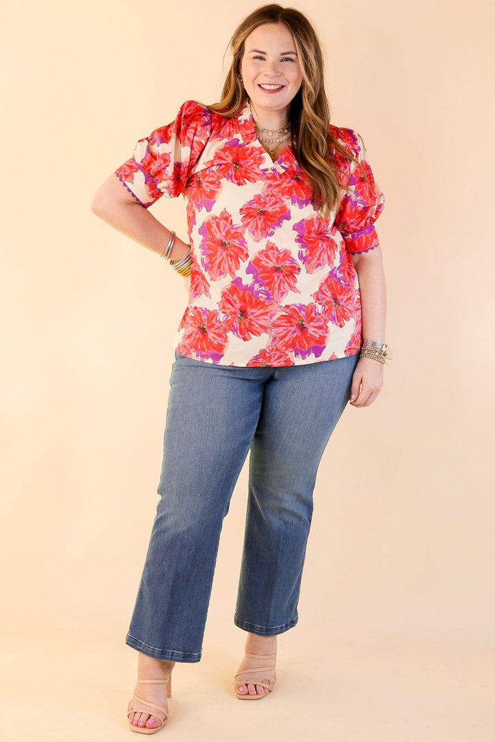 Perfectly Posh Purple and Red Floral Print Top with Short Puff Sleeves in Ivory