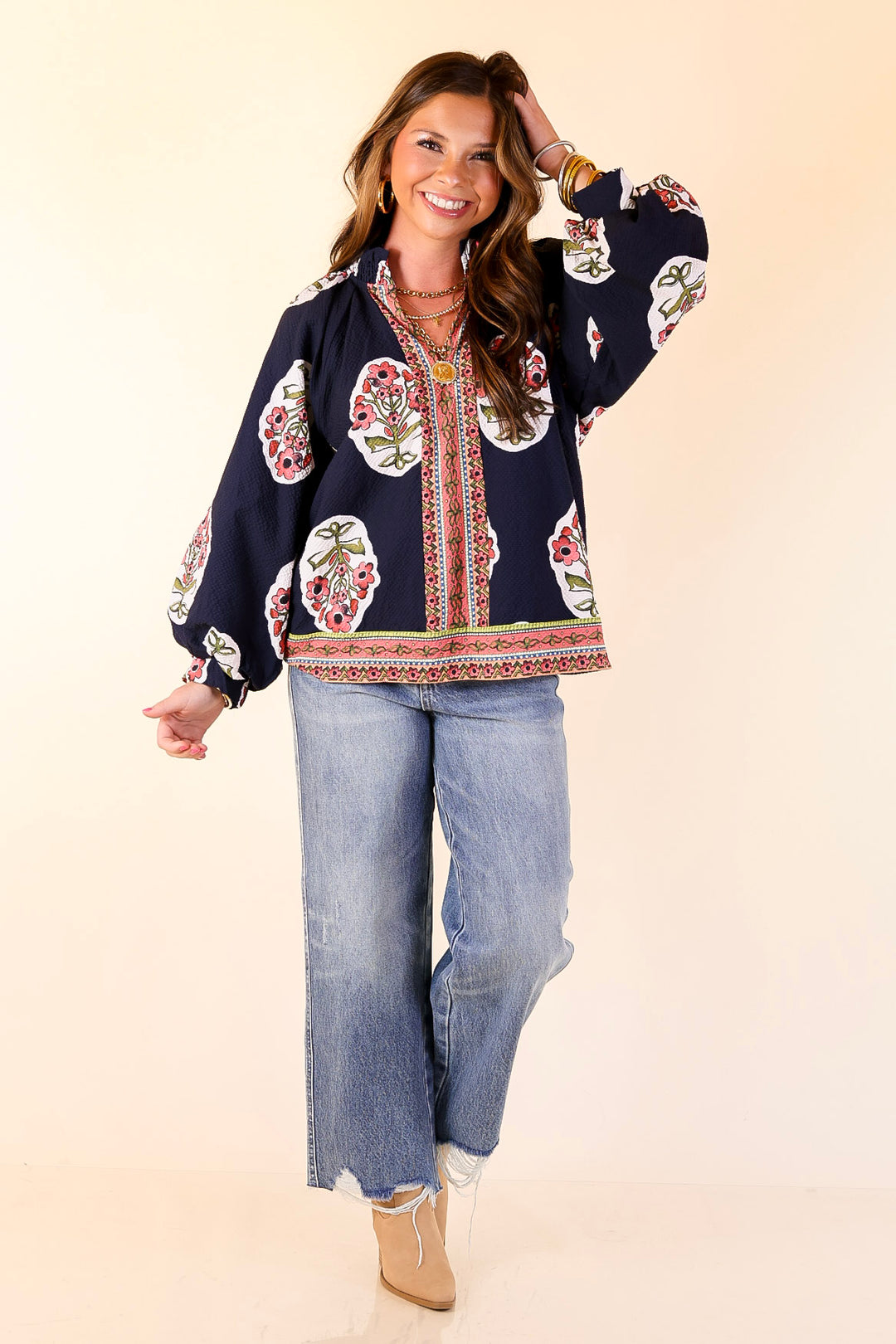 Farmer's Market Flair Floral Print V Neck Blouse with Long Balloon Sleeves in Navy