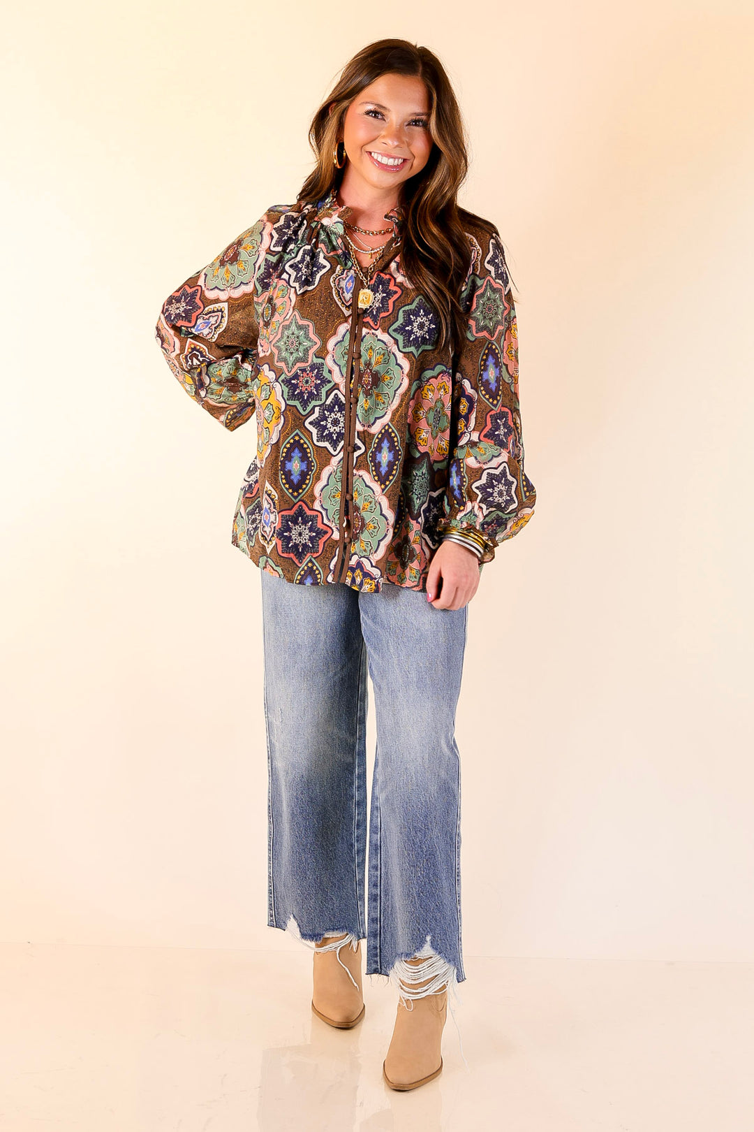 Mosaic Muse Boho Mosaic Print Long Balloon Sleeve Blouse in Brown, Pink, Navy and Cream