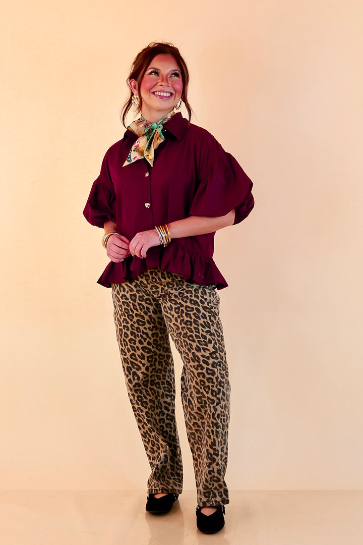 Style in Session Solid Button Down Peplum Bubble Sleeve Top in Maroon