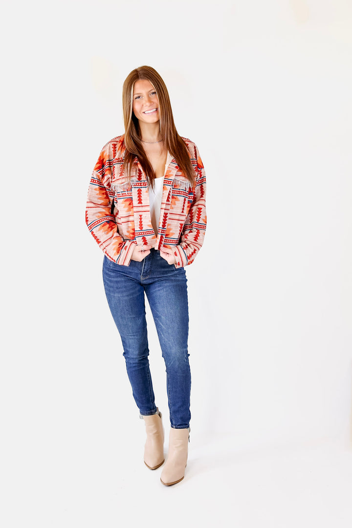 Chic Discovery Button Up Corduroy Aztec Print Jacket with Crystal Fringe in Orange Mix - Giddy Up Glamour Boutique
