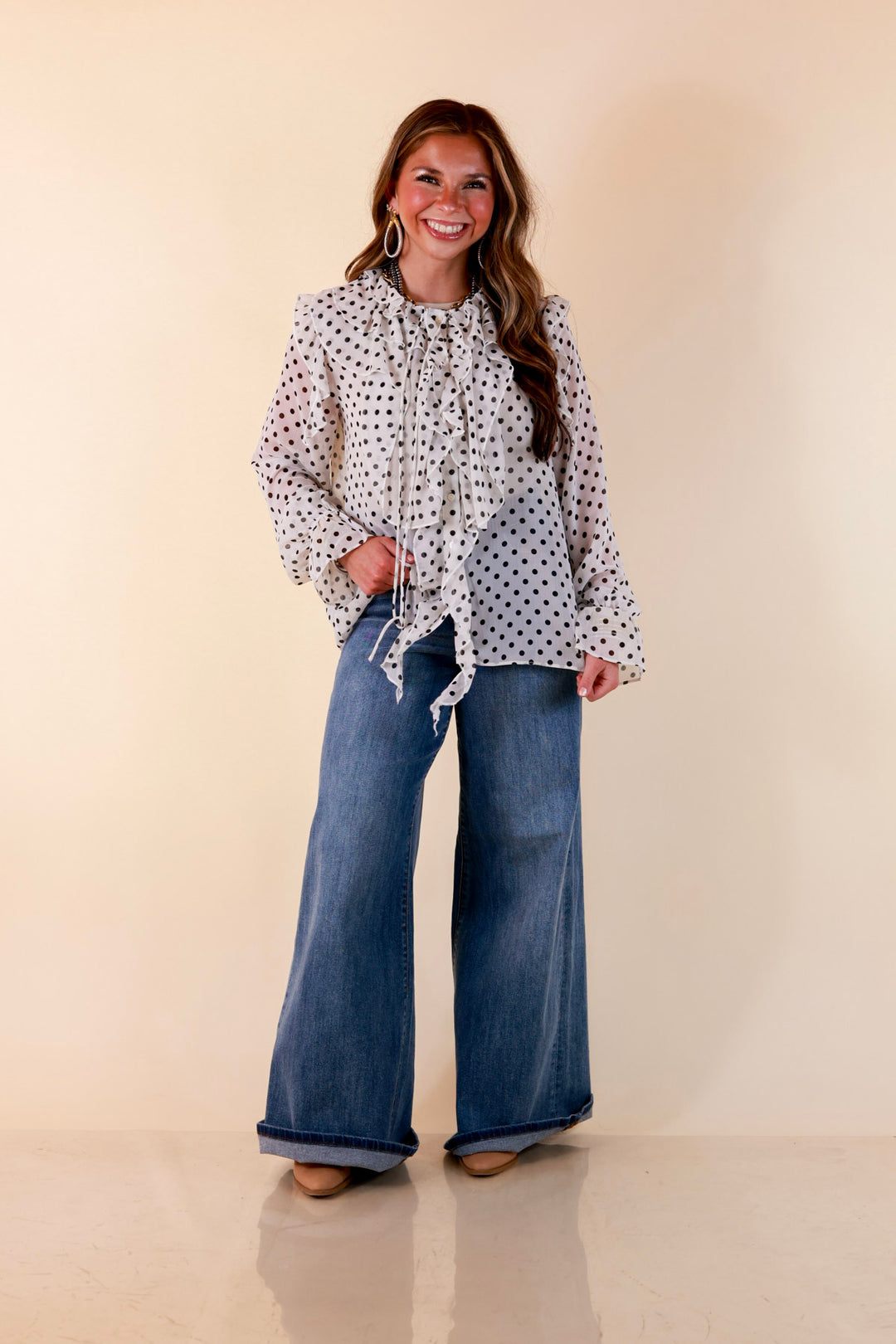 Finer Things Long Sleeve Sheer Ruffle Polka Dot Print Blouse with Balloon Sleeves in White with Black Dots
