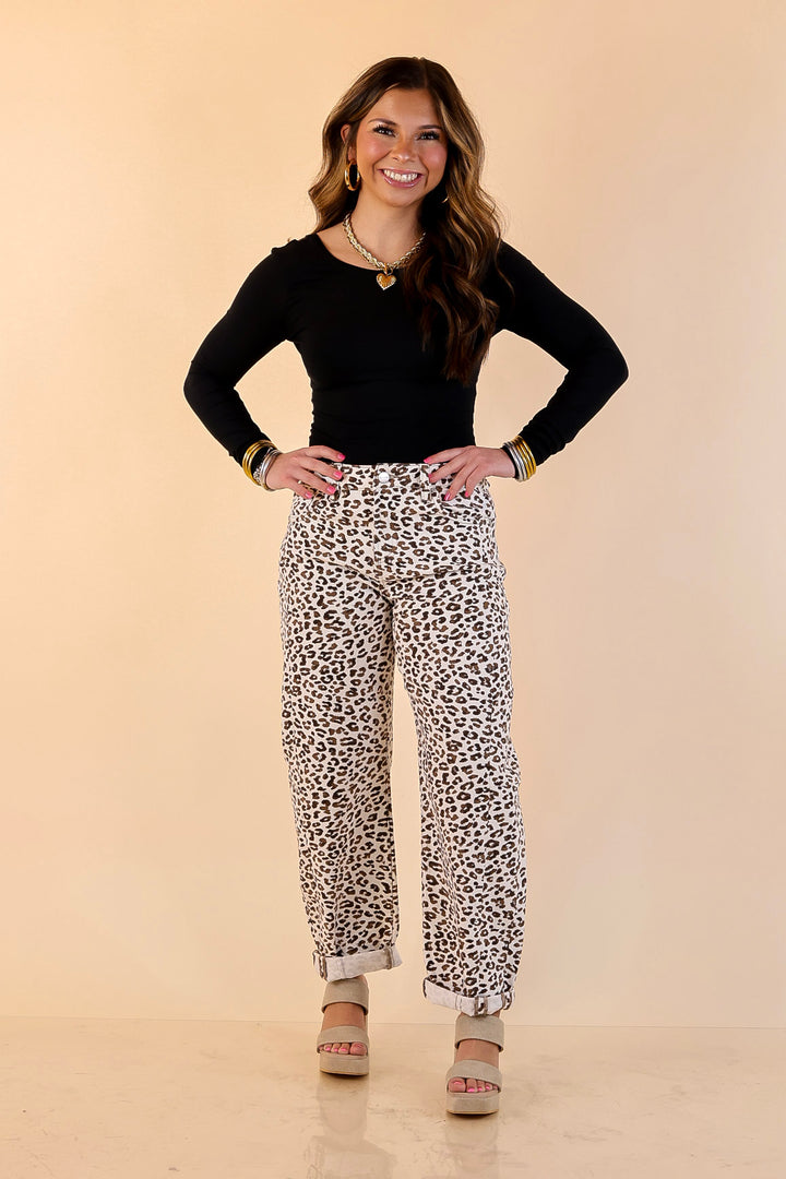 Risen | Wild Intentions Leopard Print Barrel Jeans in Ivory and Brown