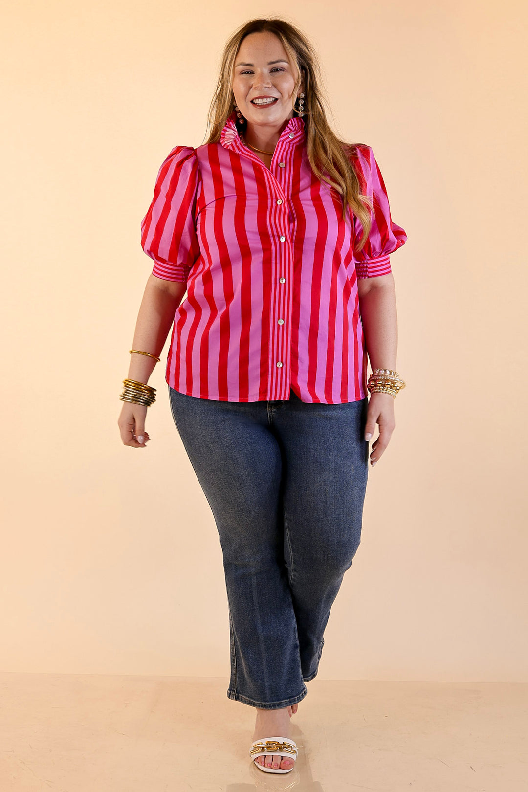 Bold Bliss Button Front Stripe Top with Puff Sleeves and Ruffle Collar in Pink and Red