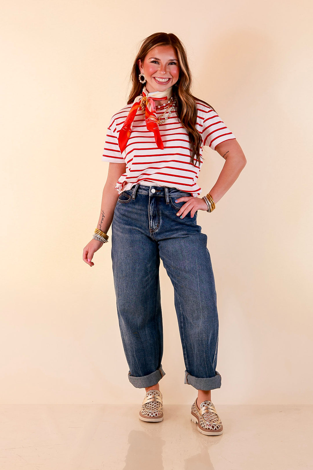 The Daily Stripe Scoop Neck Short Sleeve Striped Tee Top in Red