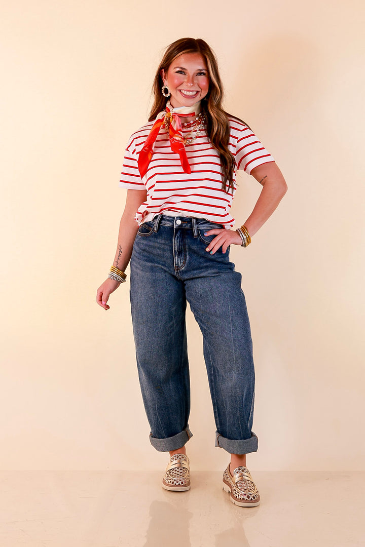 The Daily Stripe Scoop Neck Short Sleeve Striped Tee Top in Red