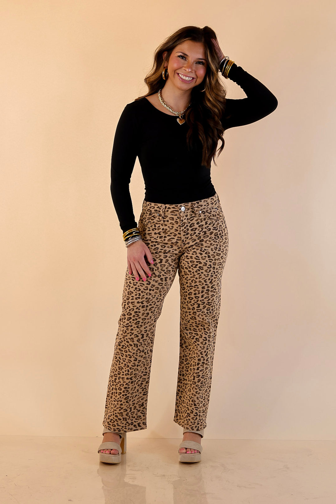 Risen | Effortlessly Wild Leopard Print Cropped Slim Straight Jeans in Camel Brown