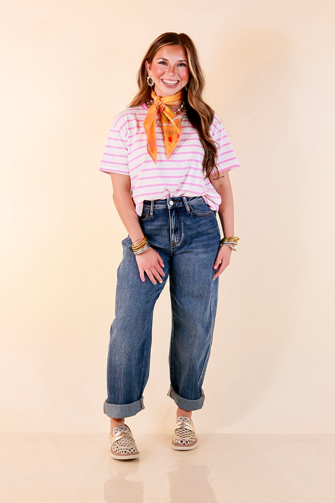The Daily Stripe Scoop Neck Short Sleeve Striped Tee Top in Lilac Pink