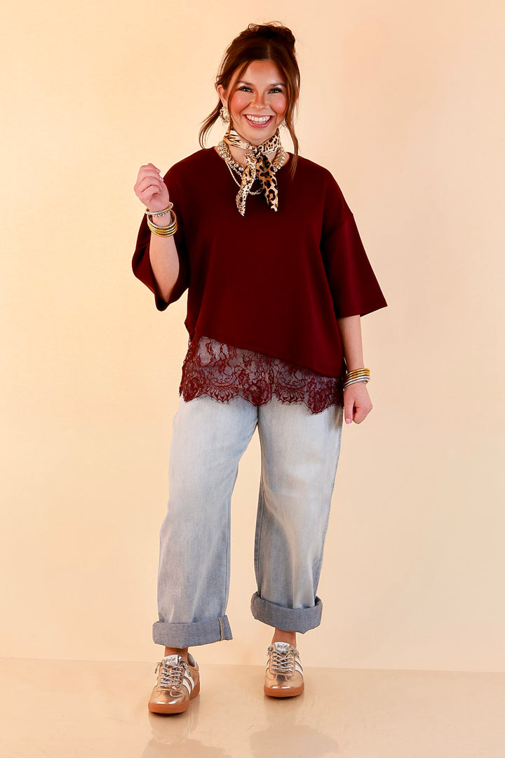 Laced with Charm Oversized Asymmetrical Lace Trim Boxy Top in Maroon