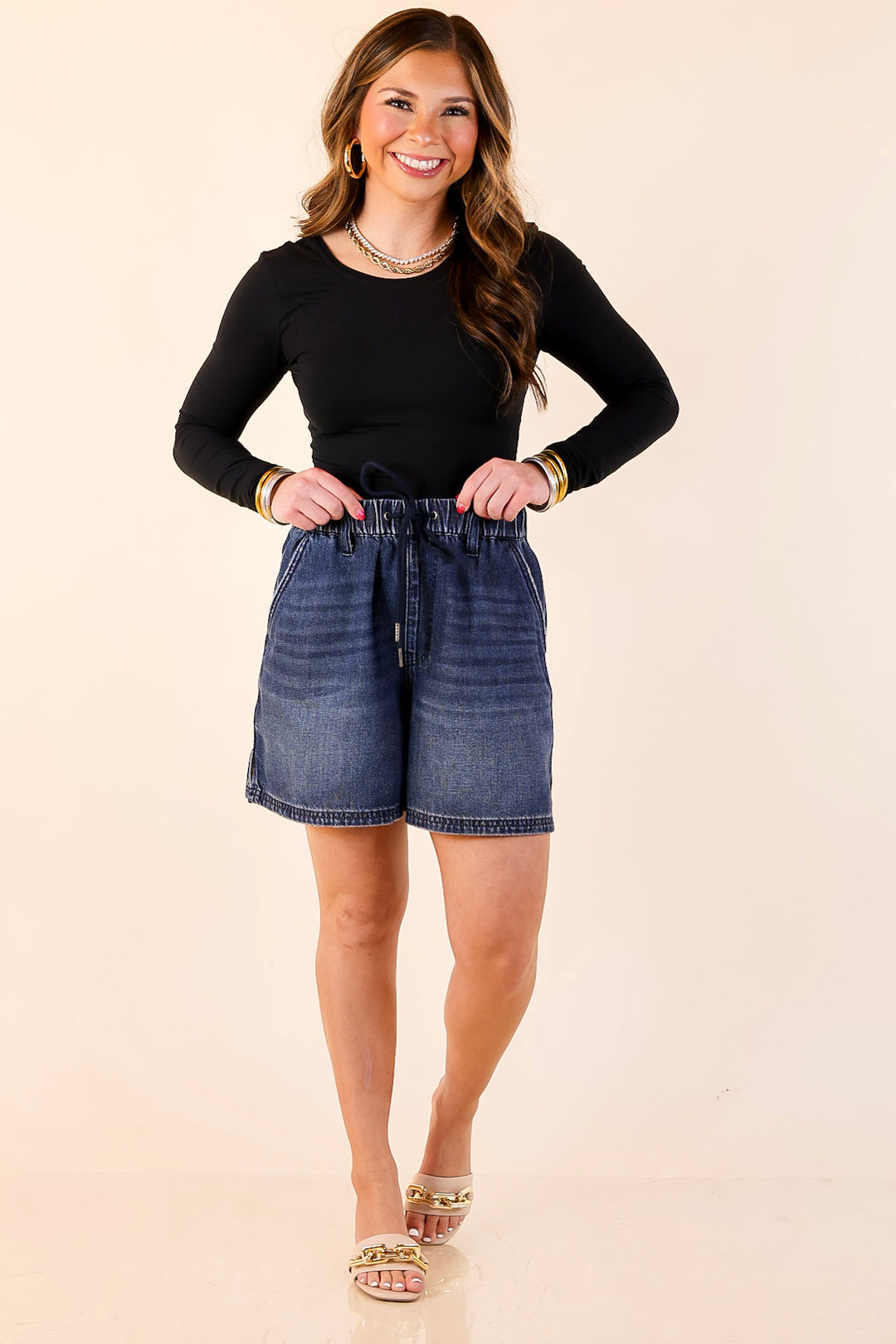 Judy Blue | Easy Company Featherweight Drawstring Denim Shorts in Dark Wash