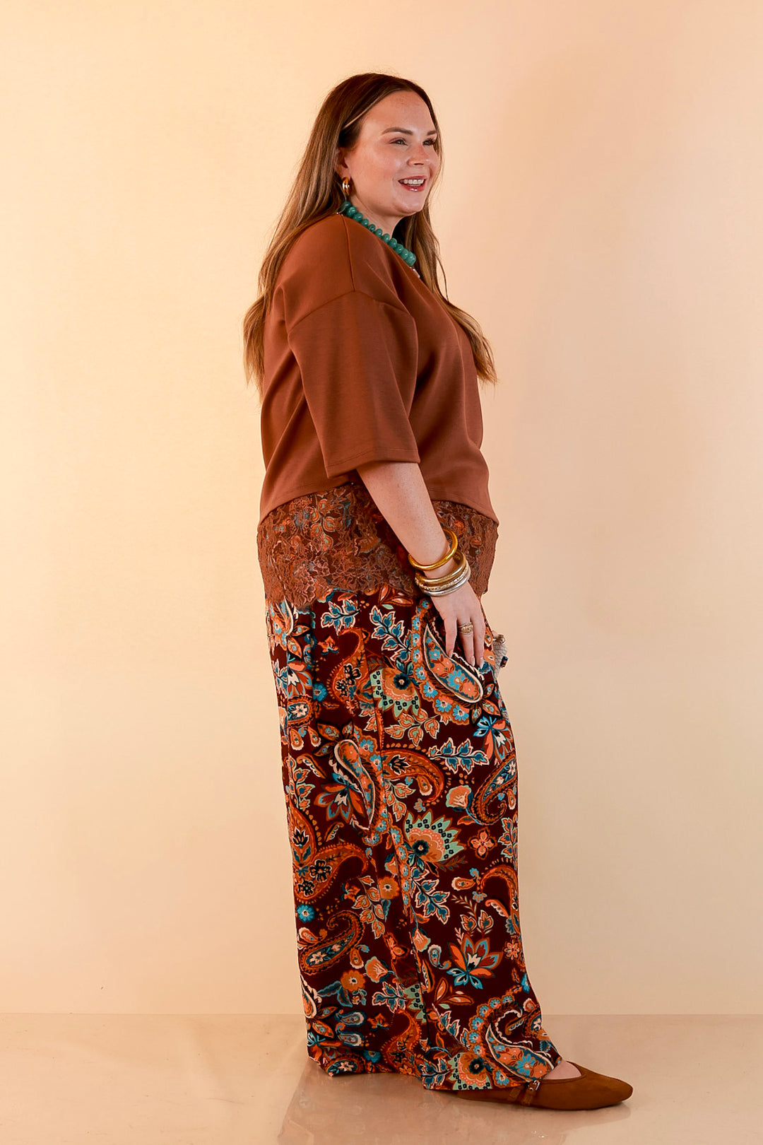 Laced with Charm Oversized Asymmetrical Lace Trim Boxy Top in Coco Brown