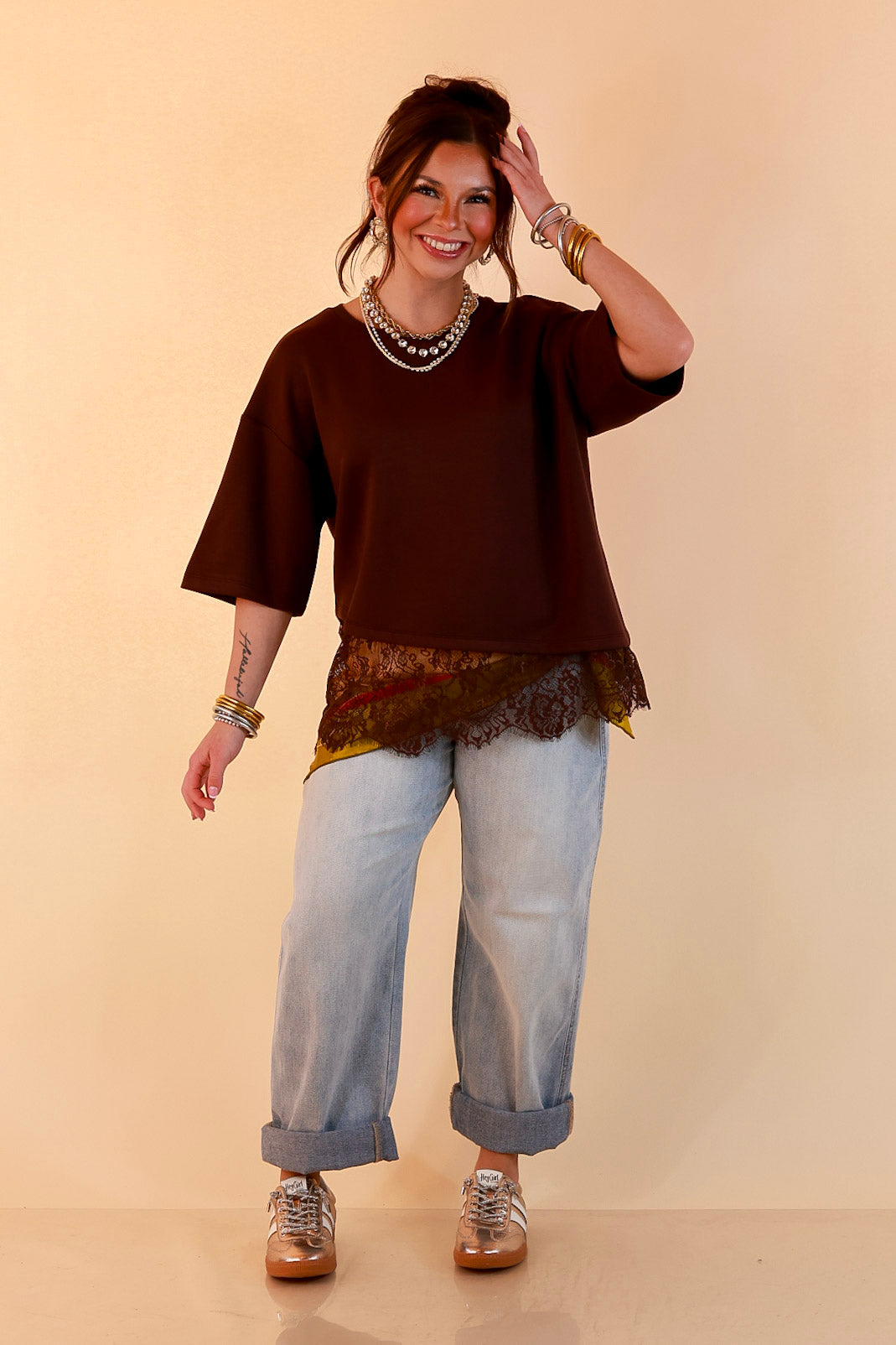 Laced with Charm Oversized Asymmetrical Lace Trim Boxy Top in Chocolate Brown