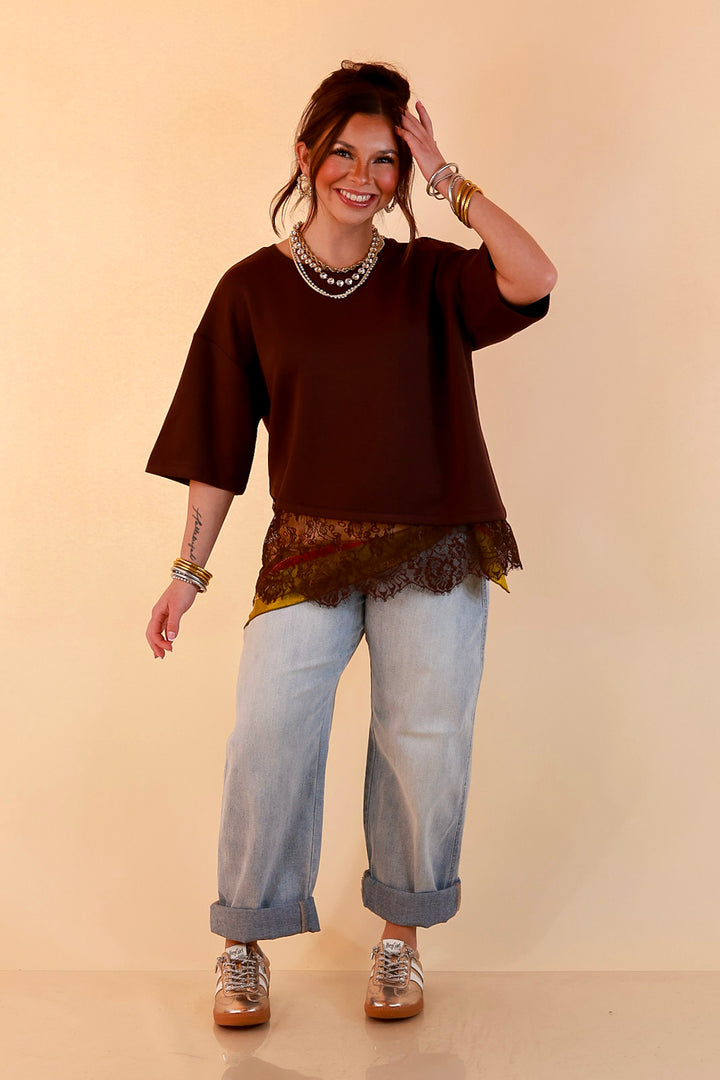 Laced with Charm Oversized Asymmetrical Lace Trim Boxy Top in Chocolate Brown